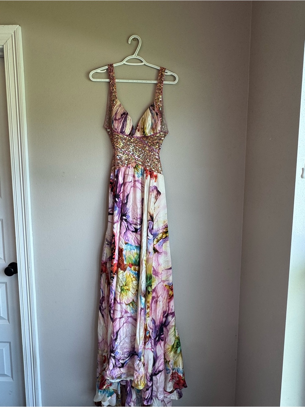Jovani Multicolor Floral Sequin Empire Maxi Dress